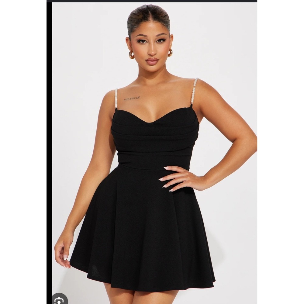Fashion Nova Lia Crepe Knit Mini Dress Black Pearl Strap Date Coquette LBD Party